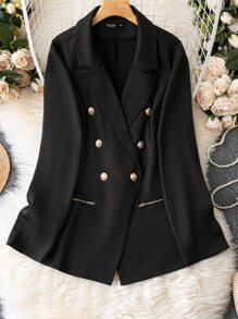 Franclia Plus Double Breasted Lapel Neck Blazer - Black - View 1