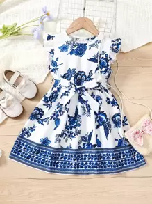 SHEIN 夏季女孩藍白花朵印花圓領荷葉袖連身裙