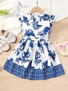 SHEIN 夏季女孩藍白花朵印花圓領荷葉袖連身裙