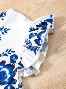 SHEIN 夏季女孩藍白花朵印花圓領荷葉袖連身裙