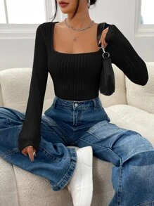 SHEIN EZwear Square Neck Ribbed Knit Tee