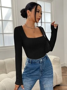 SHEIN EZwear Square Neck Ribbed Knit Tee
