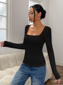 SHEIN EZwear Square Neck Ribbed Knit Tee
