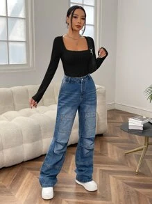 SHEIN EZwear Square Neck Ribbed Knit Tee