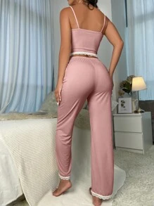 Bộ PJ / Pyjama thắt nút tương phản phía trước - Bụi hồng - Xem 2