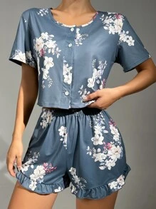 Conjunto de pijama con estampado floral y dobladillo con volantes