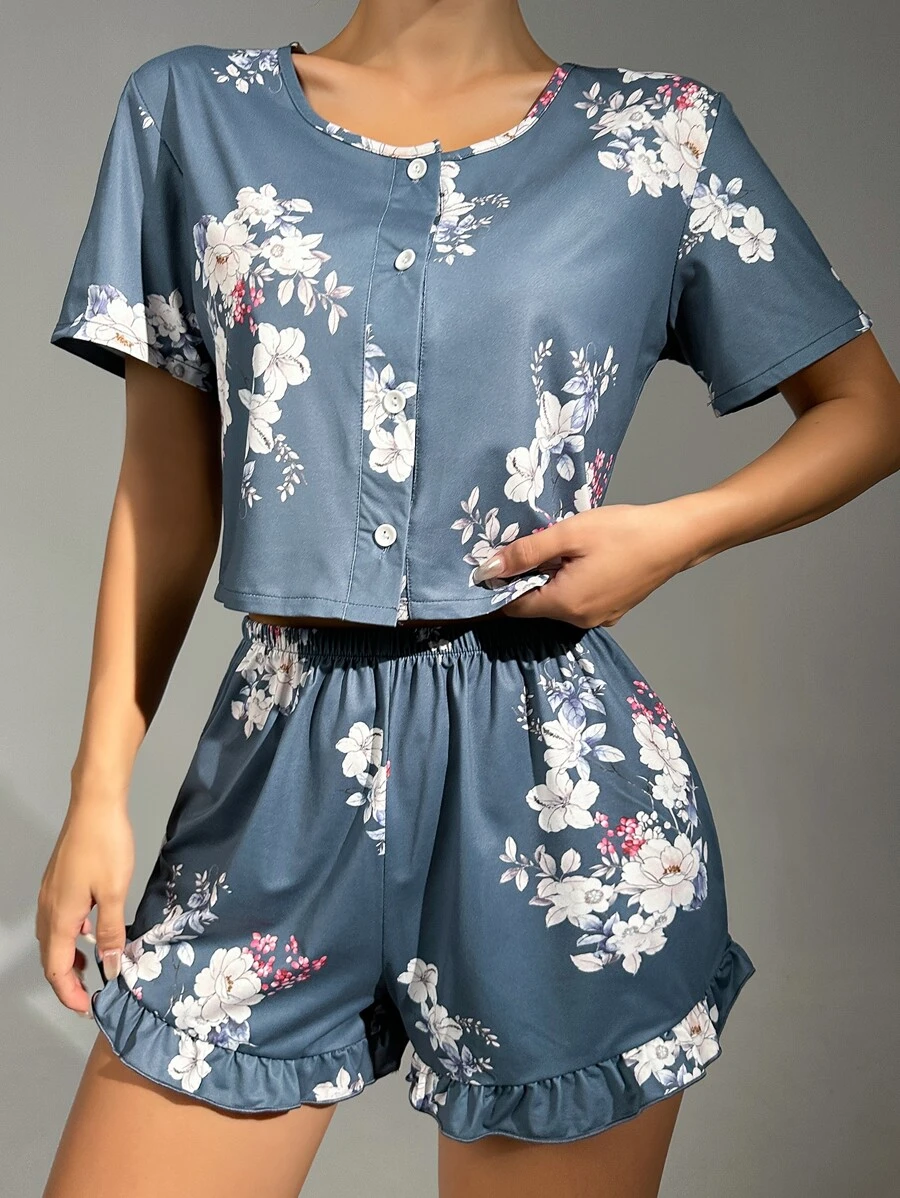Conjunto de pijama con estampado floral y dobladillo con volantes
