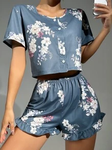 Conjunto de pijama con estampado floral y dobladillo con volantes