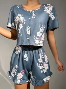 Conjunto de pijama con estampado floral y dobladillo con volantes