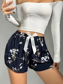 Floral Print Bow Front Sleep Shorts - Navy Blue - View 1