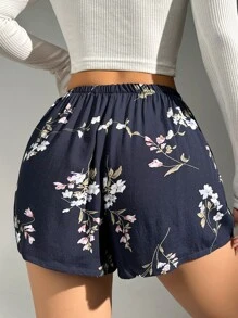 Floral Print Bow Front Sleep Shorts - Navy Blue - View 2