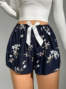 Floral Print Bow Front Sleep Shorts - Navy Blue - View 4