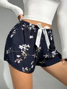 Floral Print Bow Front Sleep Shorts - Navy Blue - View 5