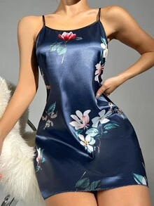 印花緞面吊帶睡裙