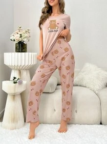 Bear & Slogan Graphic PJ Set / Pajama Set - Dusty Pink - View 1