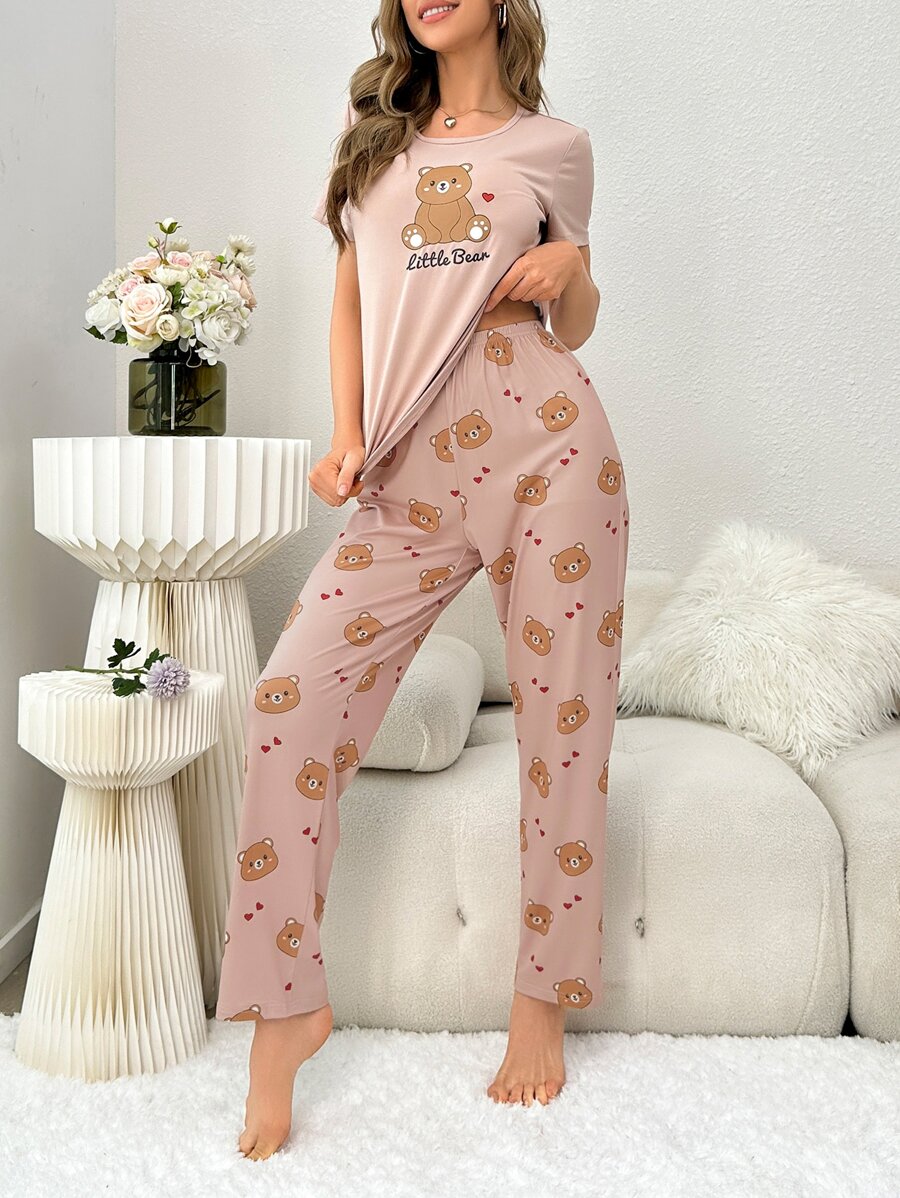 Bear & Slogan Graphic PJ Set / Pajama Set - Dusty Pink - View 1