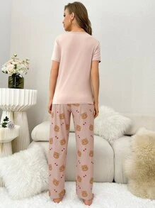Bear & Slogan Graphic PJ Set / Pajama Set - Dusty Pink - View 2