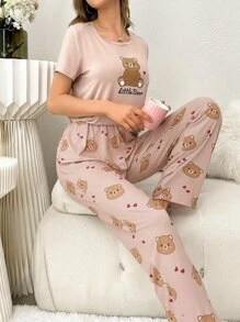 Bear & Slogan Graphic PJ Set / Pajama Set - Dusty Pink - View 3