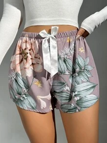 Floral Print Bow Front Sleep Shorts - Multicolor - View 4