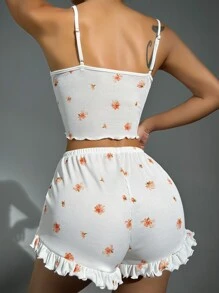 Floral Print Lettuce Trim Knot Front Ruffle Hem PJ Set / Pajama Set - White - View 2