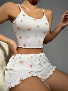 Floral Print Lettuce Trim Knot Front Ruffle Hem PJ Set / Pajama Set - White - View 4