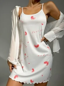 愛心和字母圖案木耳邊吊帶睡裙 - 白色 - 查看 1