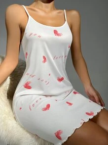 愛心和字母圖案木耳邊吊帶睡裙 - 白色 - 查看 4