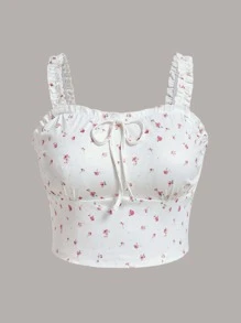 SHEIN VCAY 大碼小碎花褶邊前繫帶吊帶上衣 - 白色 - 查看 1