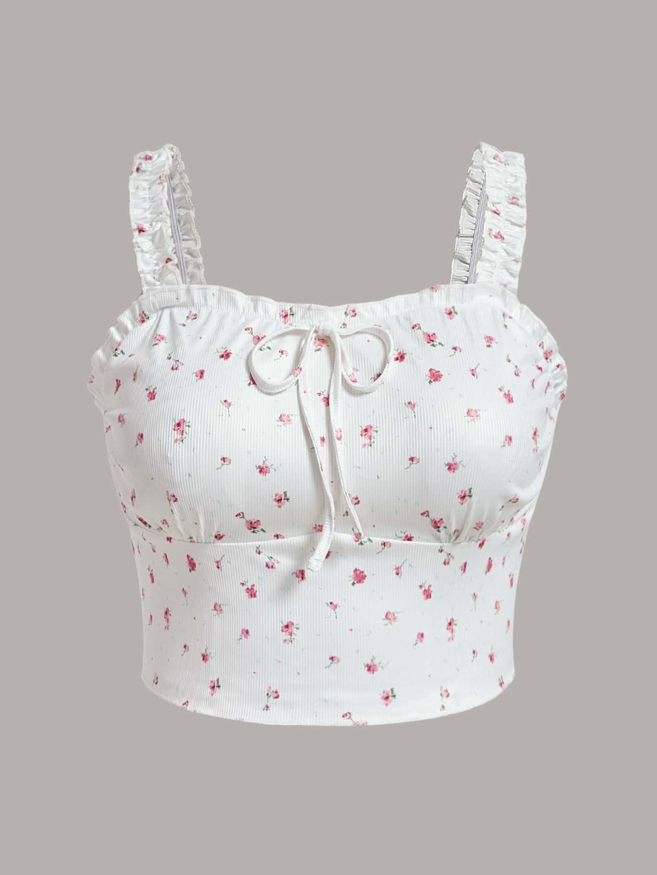 SHEIN VCAY 大碼小碎花褶邊前繫帶吊帶上衣 - 白色 - 查看 1