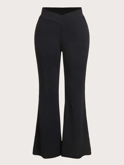 SHEIN EZwear 休闲V腰纯黑色喇叭裤