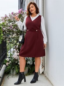 SHEIN Frenchy Plus 1pc Button Detail Pinafore Dress - Burgundy - View 3