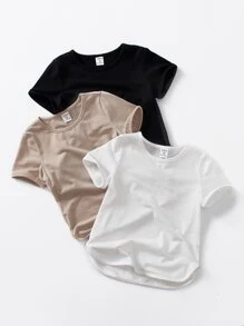 Young Girls' 3pcs/Set Short Sleeve T-Shirt With Round Neck, Striated Waistband, And Split Hem In Black, Brown, And White Colors. Ideal For Casual Summer Daily Wear And Outings. Perfectly Matches With Knit Shorts, Woven Shorts, And Denim Shorts. - Multicolor - View 1