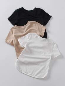 Young Girls' 3pcs/Set Short Sleeve T-Shirt With Round Neck, Striated Waistband, And Split Hem In Black, Brown, And White Colors. Ideal For Casual Summer Daily Wear And Outings. Perfectly Matches With Knit Shorts, Woven Shorts, And Denim Shorts. - Multicolor - View 2