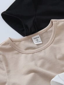 Young Girls' 3pcs/Set Short Sleeve T-Shirt With Round Neck, Striated Waistband, And Split Hem In Black, Brown, And White Colors. Ideal For Casual Summer Daily Wear And Outings. Perfectly Matches With Knit Shorts, Woven Shorts, And Denim Shorts. - Multicolor - View 4