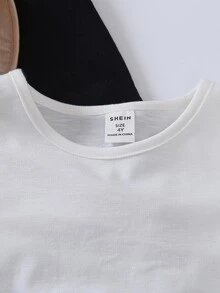 Young Girls' 3pcs/Set Short Sleeve T-Shirt With Round Neck, Striated Waistband, And Split Hem In Black, Brown, And White Colors. Ideal For Casual Summer Daily Wear And Outings. Perfectly Matches With Knit Shorts, Woven Shorts, And Denim Shorts. - Multicolor - View 7