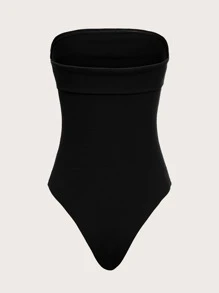 SHEIN EZwear Body De Punto Acanalado Sin Tirantes Con Dobladillo Plegable - Negro - Ver 2