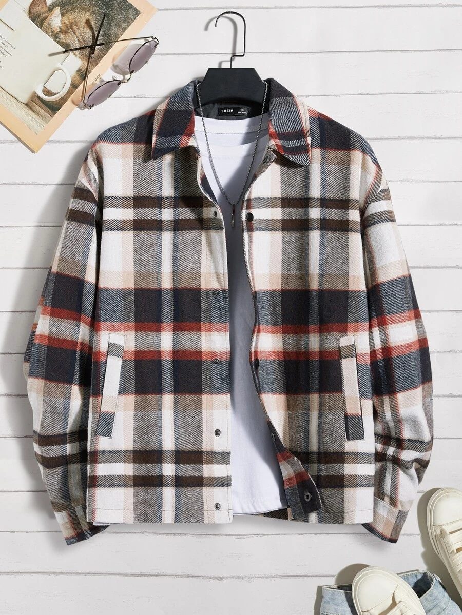 Manfinity Men Plaid Print Drop Shoulder Jacket Without Tee - Multicolor - View 1