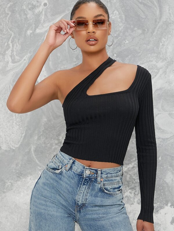 Crop Top mit einer Schulter, langen Ärmeln