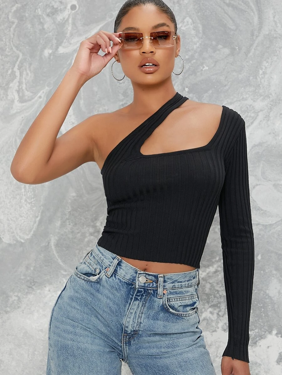 Asymmetrical One-Shoulder Long Sleeve Crop Top - Black - View 1