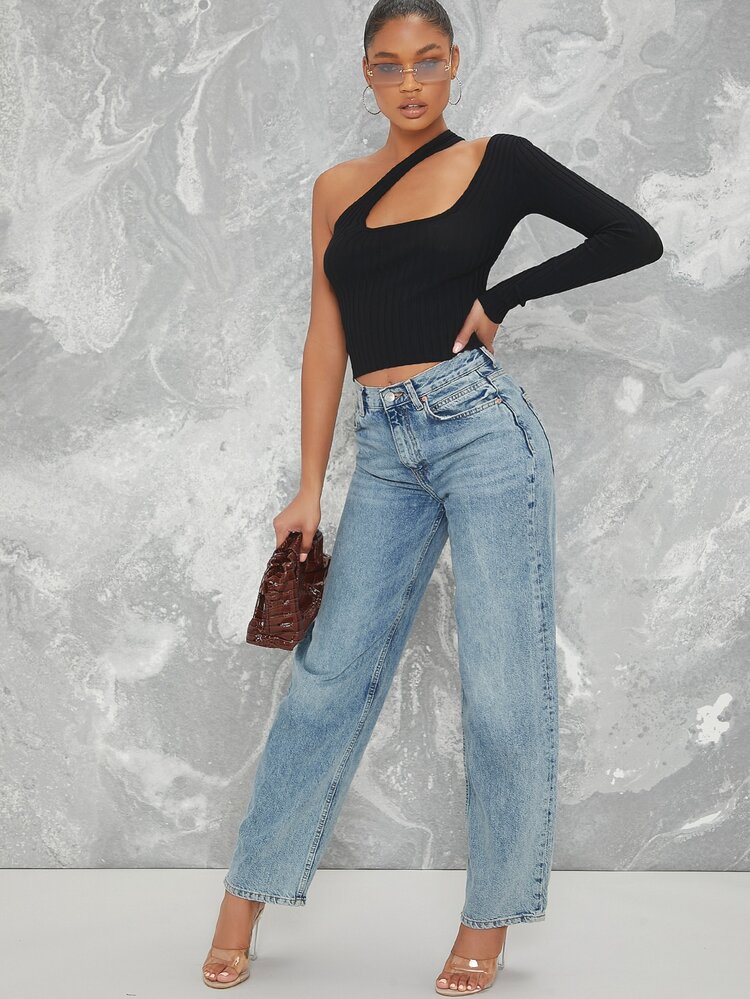 Asymmetrical One-Shoulder Long Sleeve Crop Top