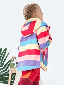 Toddler Girls Soft Striped Colourblock Raglan Sleeve Zip Up Hooded Coat - Multicolor - View 8