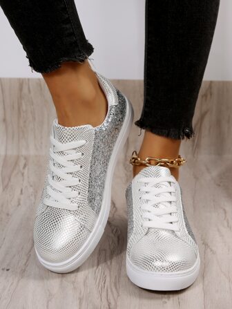 金屬質感蛇皮壓花前綁帶金屬亮絲板鞋