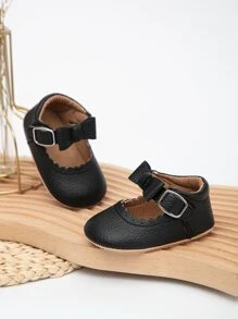 Infant Litchi Embossed Bow Decor Ankle Strap Flats - Black - View 3