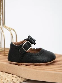 Infant Litchi Embossed Bow Decor Ankle Strap Flats - Black - View 4