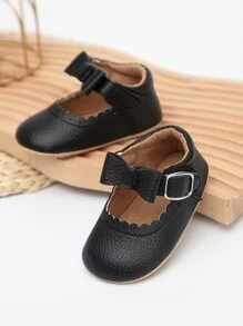 Infant Litchi Embossed Bow Decor Ankle Strap Flats - Black - View 5