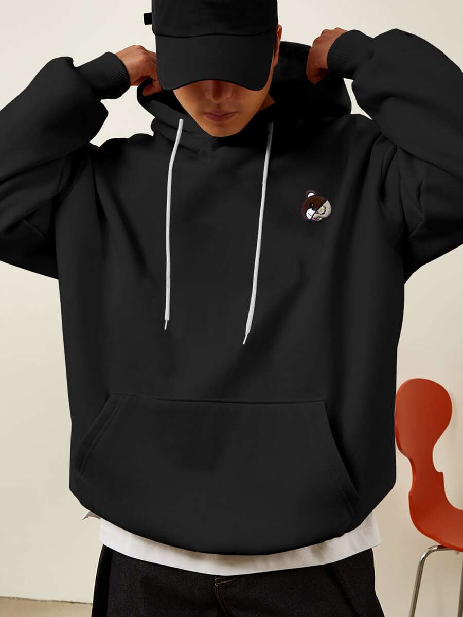 Manfinity Hypemode Men 1pc Cartoon Embroidery Kangaroo Pocket Drawstring Hoodie - Black - View 1
