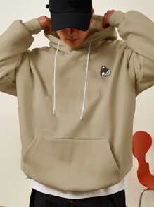 Manfinity Hypemode Men 1pc Cartoon Embroidery Kangaroo Pocket Drawstring Hoodie - Khaki - View 1