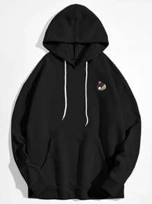 Manfinity Hypemode Men 1pc Cartoon Embroidery Kangaroo Pocket Drawstring Hoodie - Black - View 3