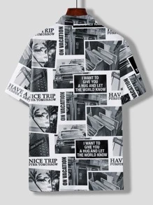 Manfinity Men Slogan Graphic Button Through Shirt - Black and White - View 2