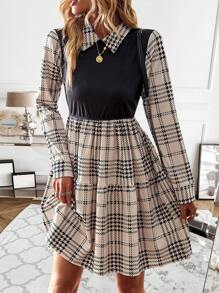 SHEIN Privé Plaid Print Ruffle Hem Dress - Apricot - View 1